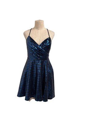 City Studio Sequin Fit Flare Dress Blue Black Striped Size 11/12 Crisscross St
